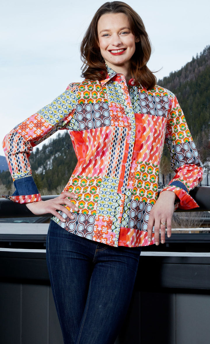 Dizzy-Lizzie Rome Long Sleeve Shirt - Multi Patchwork Print available at Barbara Katz