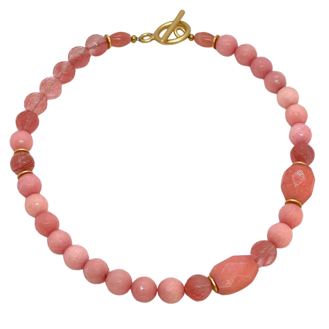 Deborah Grivas Pink Jade, Watermelon Quartz, and Peach Quartz Beaded Necklace With Gold Accents