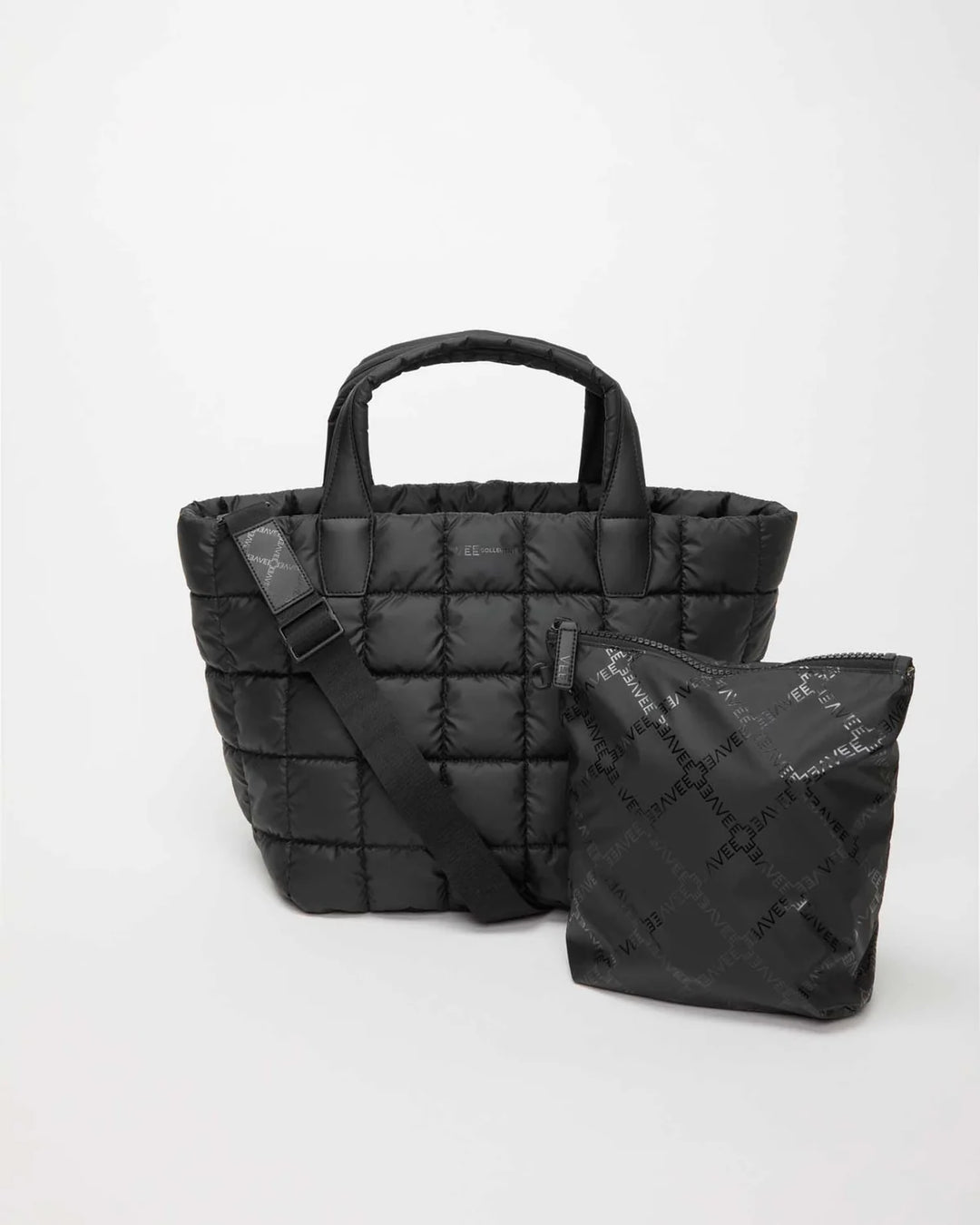 Vee Collective Porter Medium Tote Bag in Matt Black with separate pouch and attachable strap available at Barbara Katz