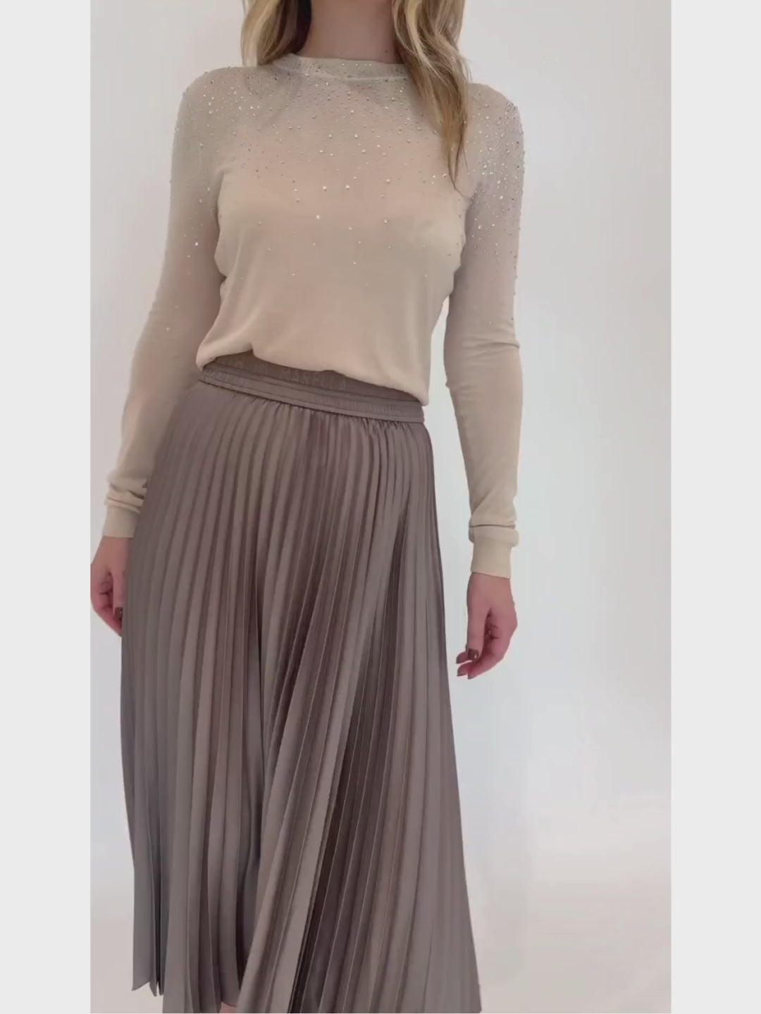 Generation Love Elsie Crystal Sweater in Beige paired with Marella Monochrome Agente Pleated Skirt in Turtledove available at Barbara Katz