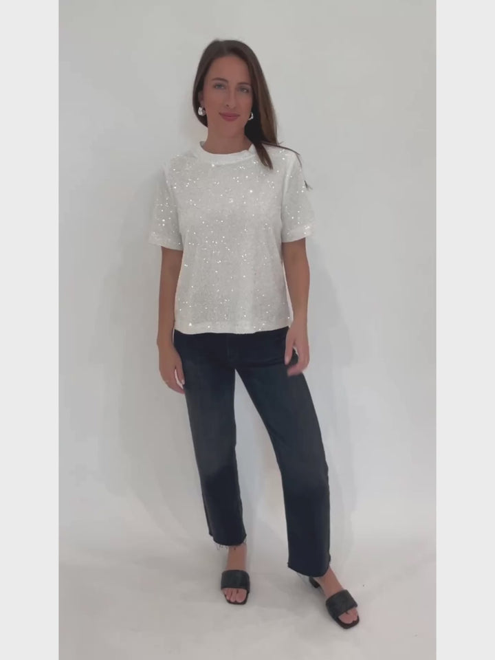 BK Iris Wide Sequin Top in White paired with Citizens of Humanity Palma Straight Jeans in Medallion, Lizzie Fortunato Onda Hoop Earrings in Silver available at Barbara Katz