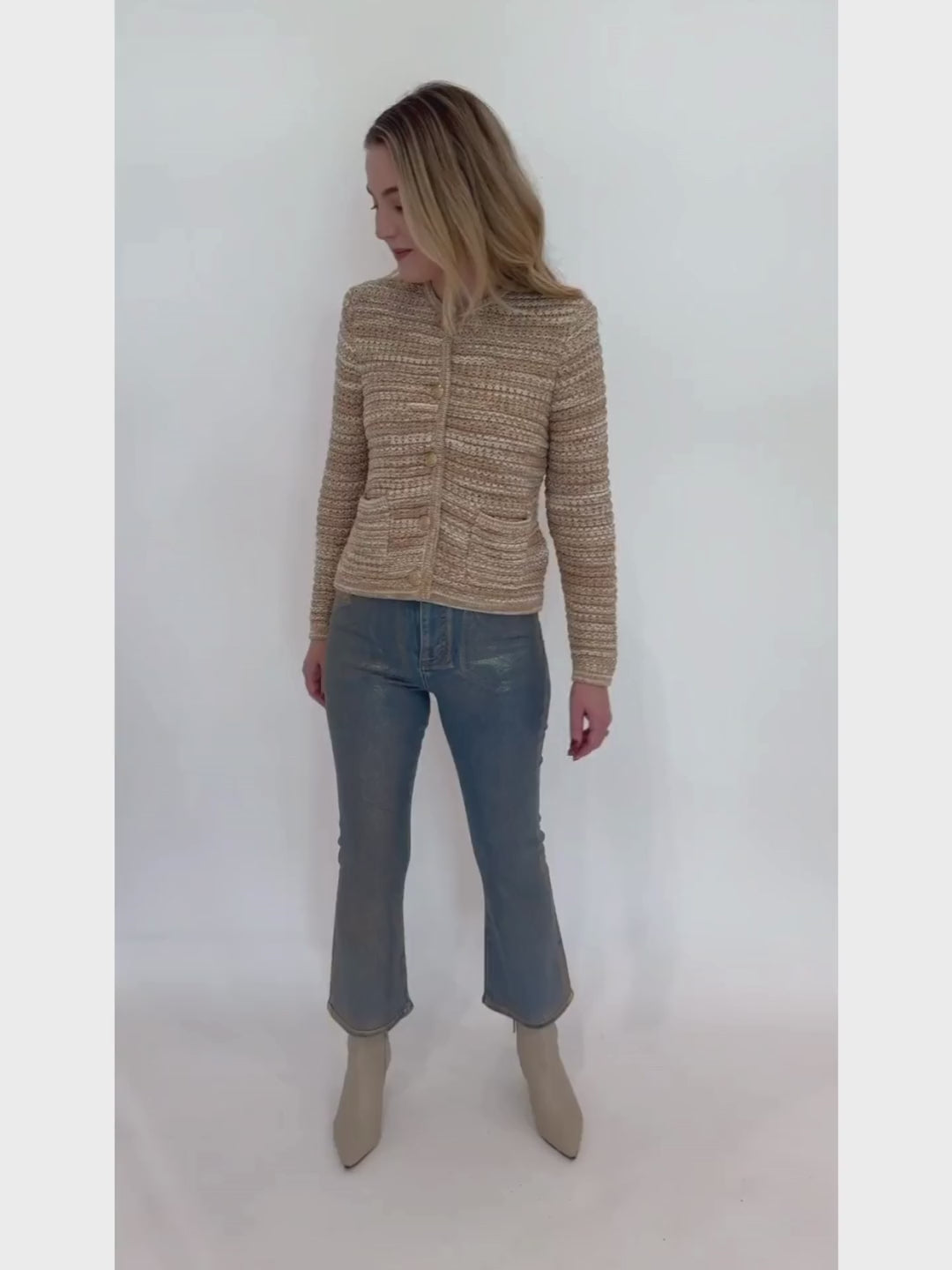 Ba&sh Guspa Cardigan in Sable paired with Frame Le Crop Mini Boot Jeans in Gold Hologram available at Barbara Katz