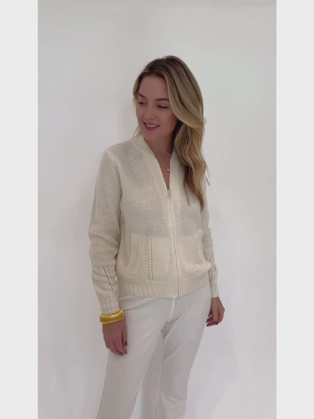 Elliott Lauren Zip Code Bomber Sweater in Chalk available at Barbara Katz