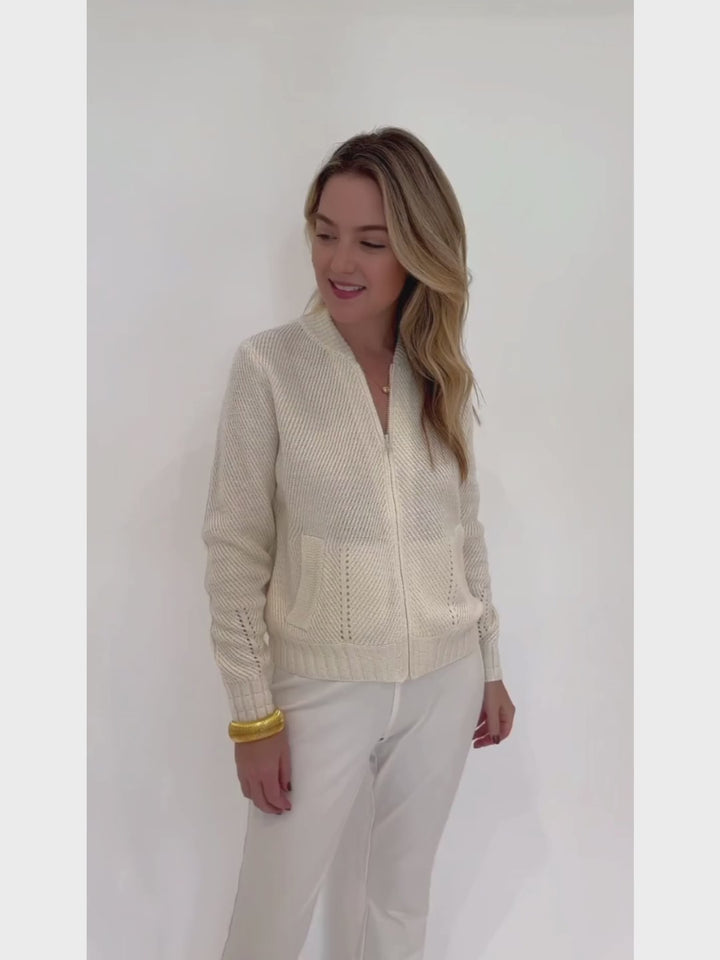 Elliott Lauren Zip Code Bomber Sweater in Chalk available at Barbara Katz