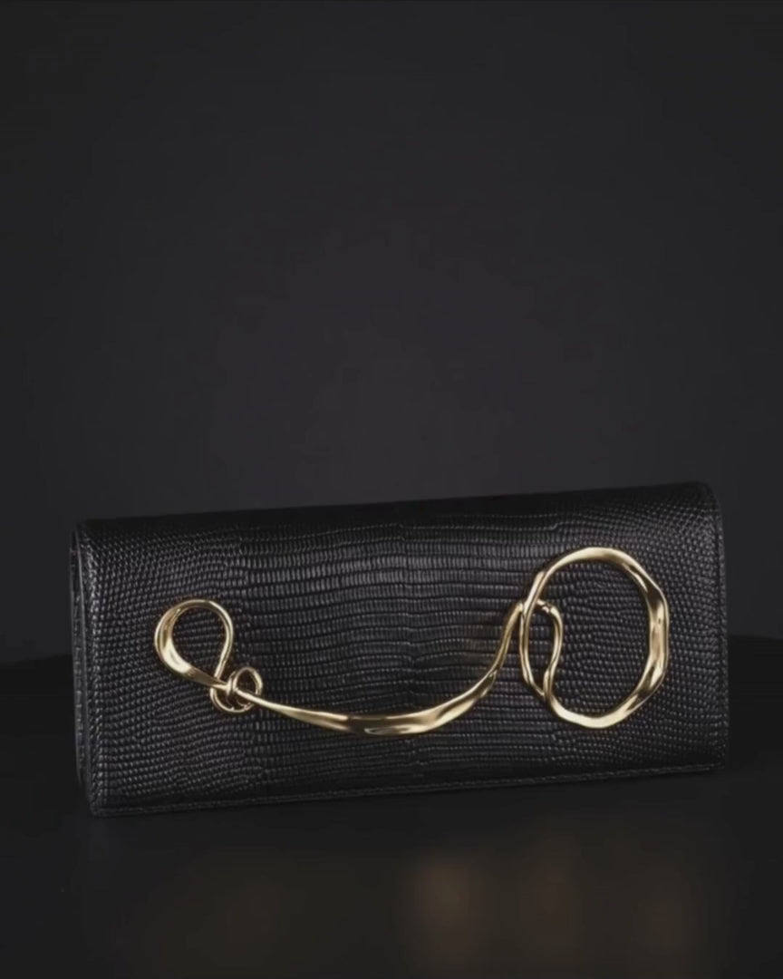 Alexis Bittar Twisted Gold Side Handle Clutch Bag in Black available at Barbara Katz