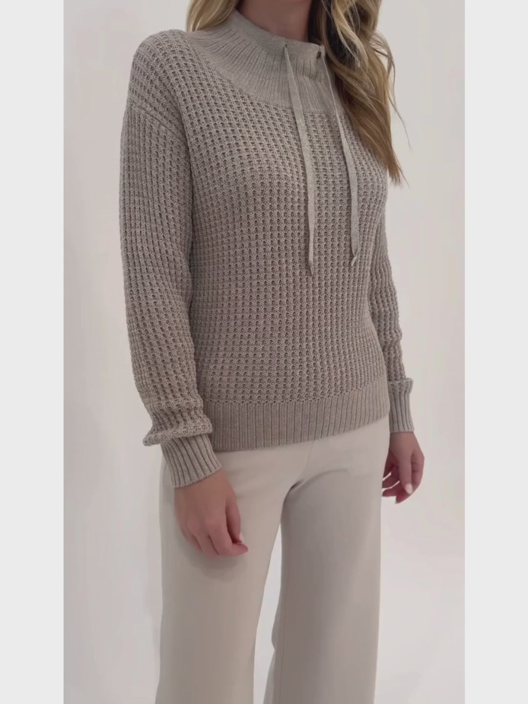 Barbara Katz Molly Lurex Thermal Sweater in Biscotti paired with Max Mara Quiete Denim-Effect Jersey Trousers in Beige