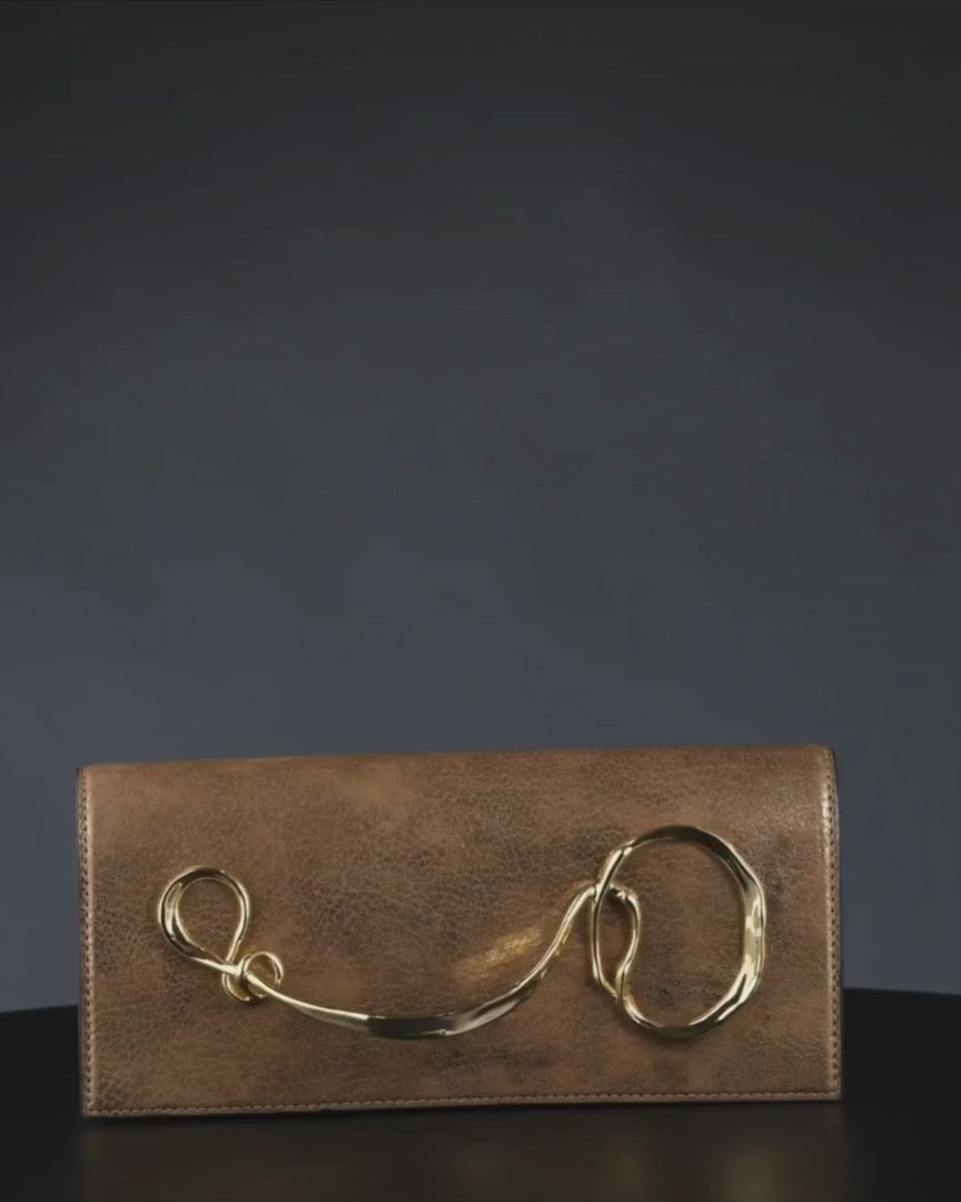 Alexis Bittar Twisted Gold Side Handle Clutch Bag in Antique Gold Leather available at Barbara Katz