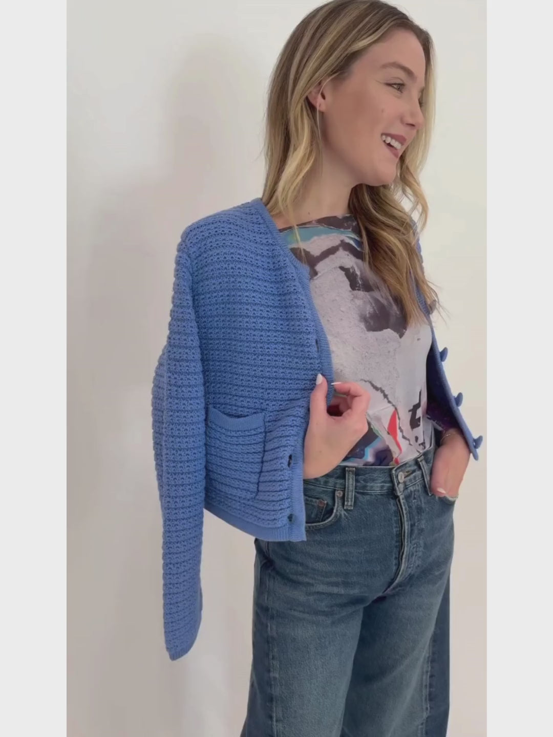 AMB NudiTee Sheer Top in Paper Mache Print paired with Agolde Luna Tapered Jeans and Barbara Katz Modern Chunky Textured Jacket in Wave Blue