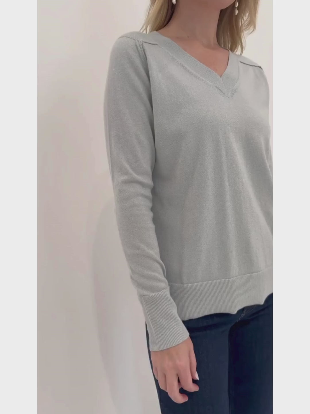 Pure Amici Metallic V-Neck Sweater in Mist paired with MAC Dream Wide Jeans 32" in Indigo Dark