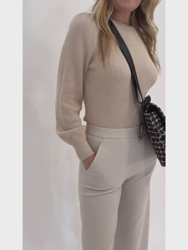 Barbara Katz Diamond Blouson Sweater in Dune paired with Raffaello Rossi Palina 6/8 Culotte Pants in Wool White