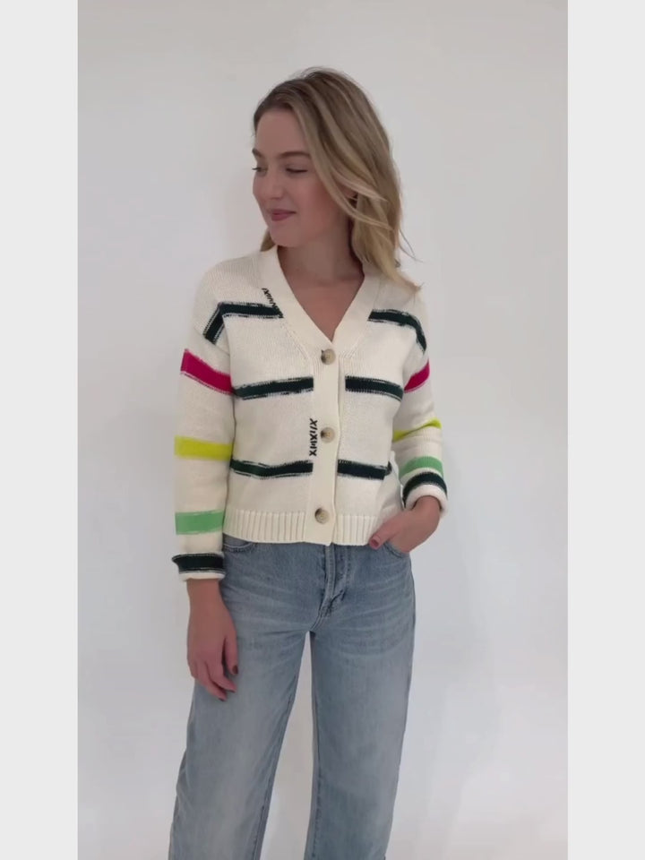 Kerri Rosenthal Milly Cardigan with Multicolor Stripes paired with Pistola Ryder Cuffed Jeans in Essex available at Barbara Katz