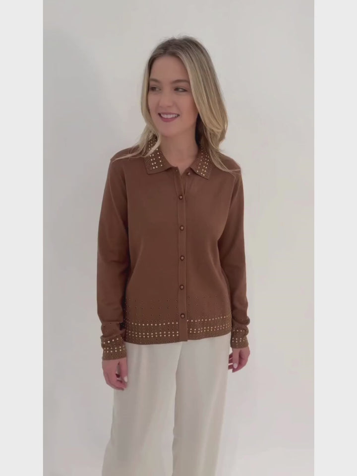 Leo & Ugo Rhinestone Grommet Cardigan in Camel available at Barbara Katz