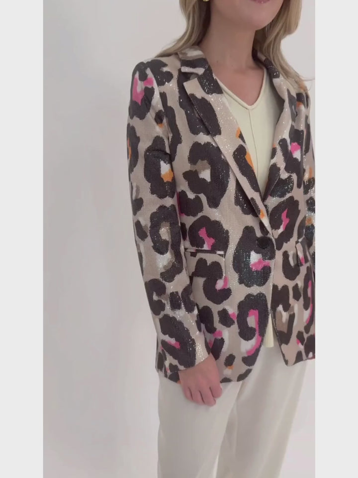 Vilagallo Andrea Sequin Jacket in Grey/Pink Leopard paired with Raffaello Rossi Palina 6/8 Culotte Pants in Wool White available at Barbara Katz 