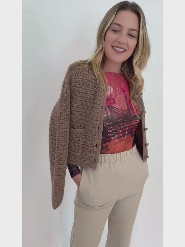 AMB NudiTee Sheer Top in Game Over print paired with Max Mara Quiete Denim-Effect Jersey Trousers in beige and and Barbara Katz Modern Chunky Textured Jacket in Natural Brown