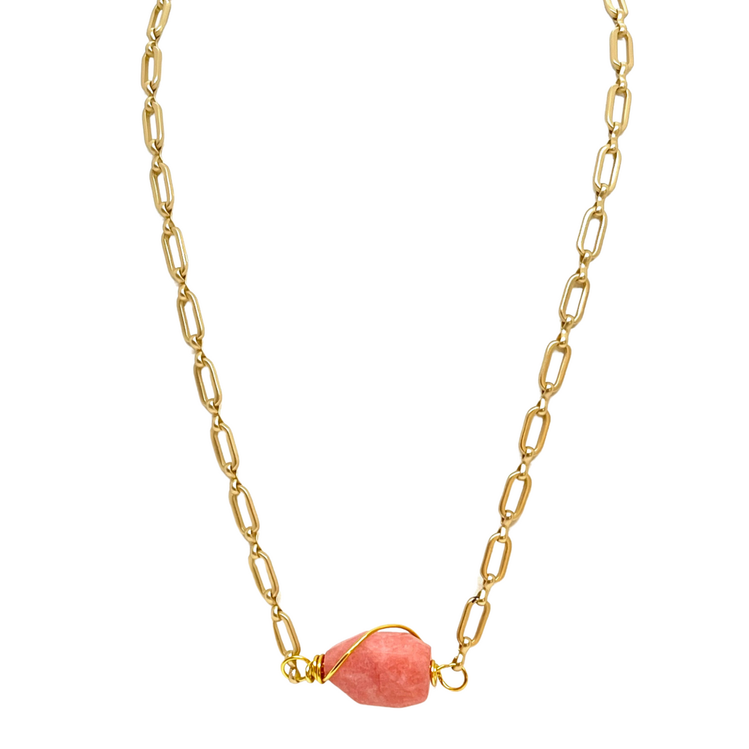 Deborah Grivas Wire Wrapped Peach Quartz on Matte Gold Paperclip Chain