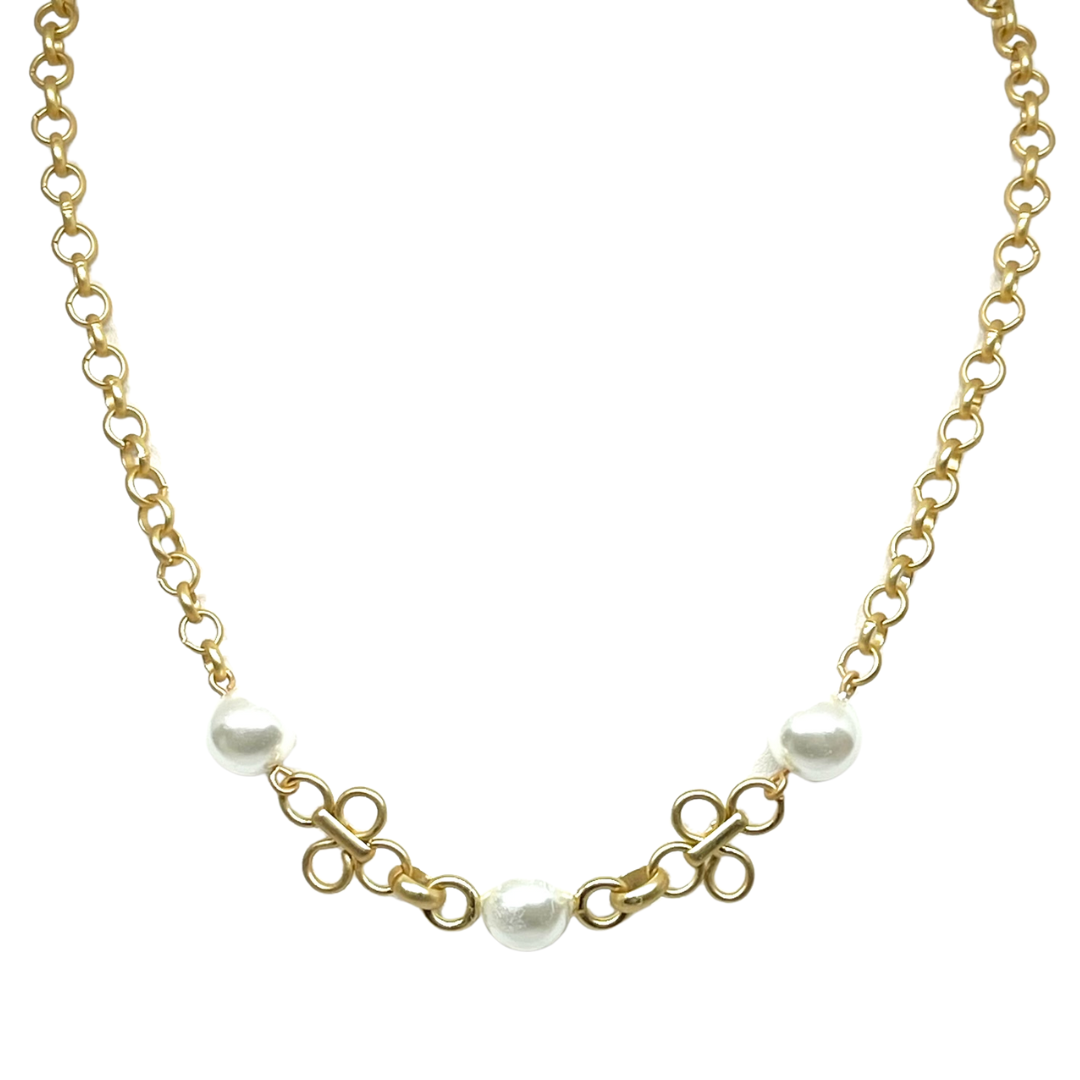 Deborah Grivas White Glass Pearls And Clover Accents On Matte Gold Rolo Chain