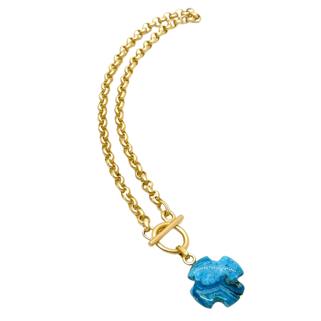 Deborah Grivas Aqua Terra Jasper Cross on Matte Gold Rolo Chain - Turquoise