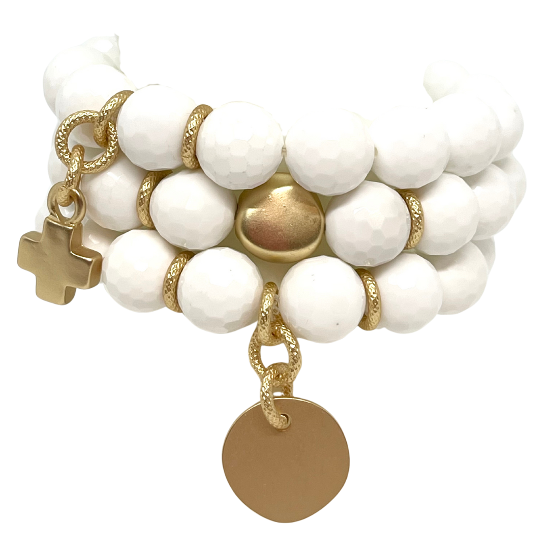 Deborah Grivas White Jade Stretch Bracelet With Matte Gold Nugget