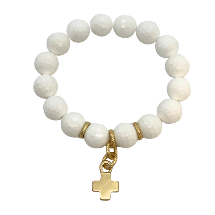 Deborah Grivas White Jade Stretch Bracelet With Matte Gold Cross