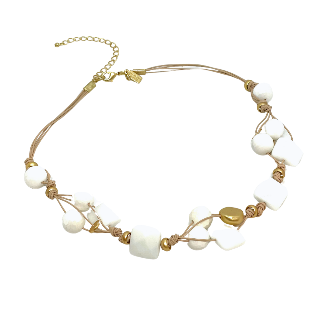 Deborah Grivas White Jade and Matte Gold Bead Woven Necklace on Putty Leather