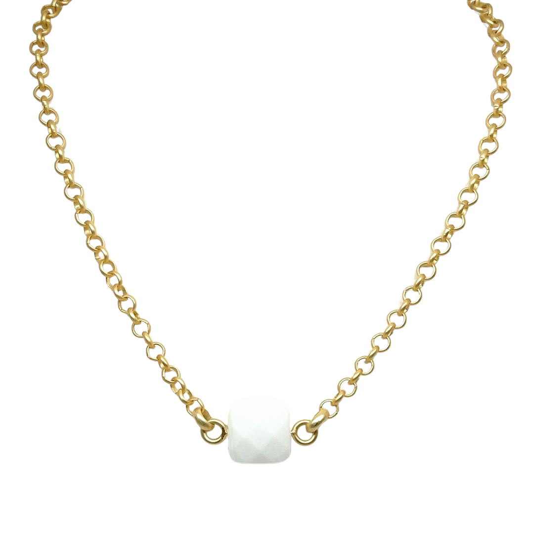 Deborah Grivas Faceted Square White Jade on Rolo Chain Necklace