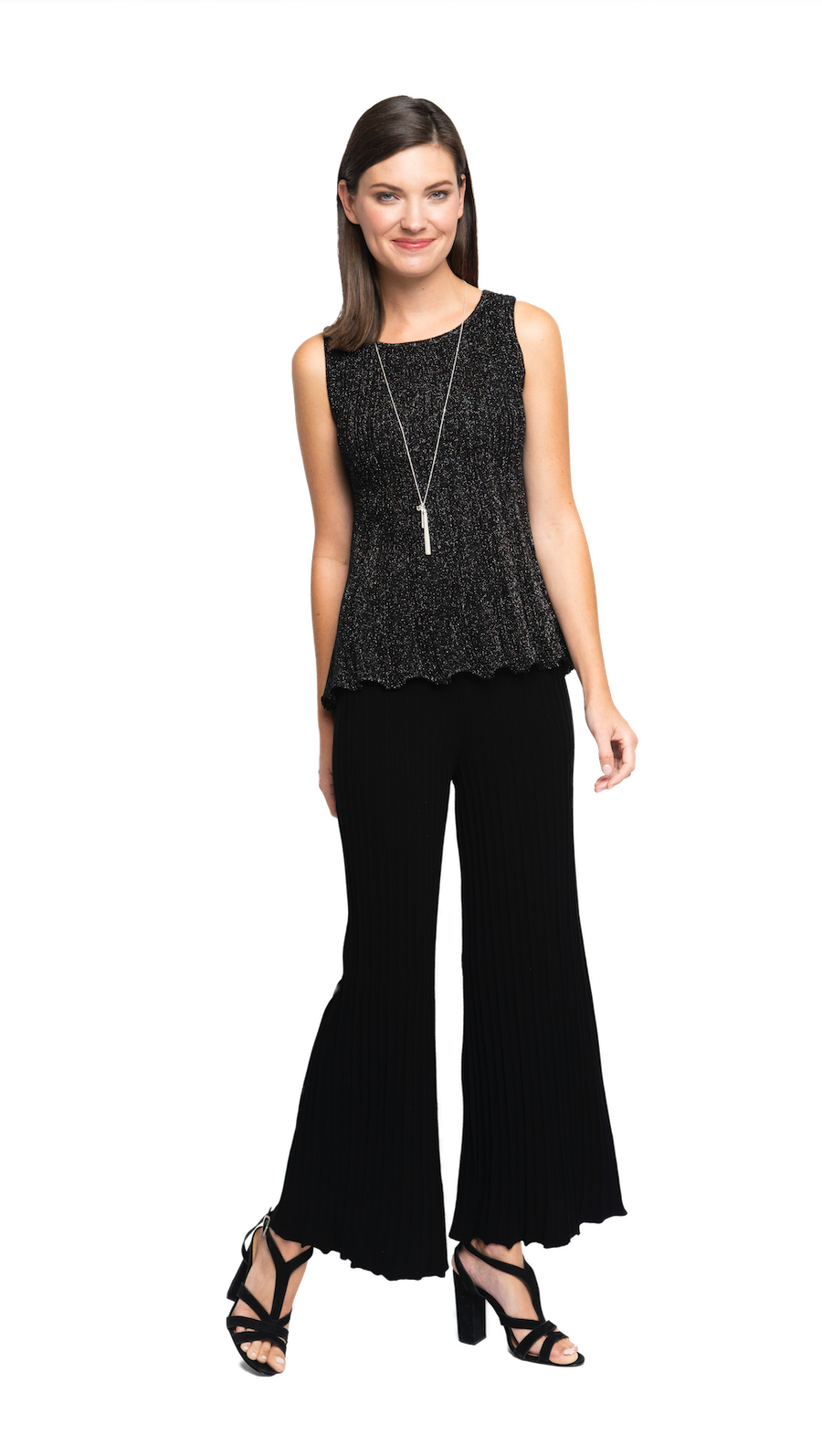 Molly Shimmer Sleeveless Pleated Swing Top - Black Shimmer