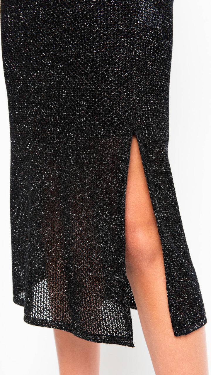 Simona Shimmer Mesh Knit Short Sleeved Long Dress - Black Silver