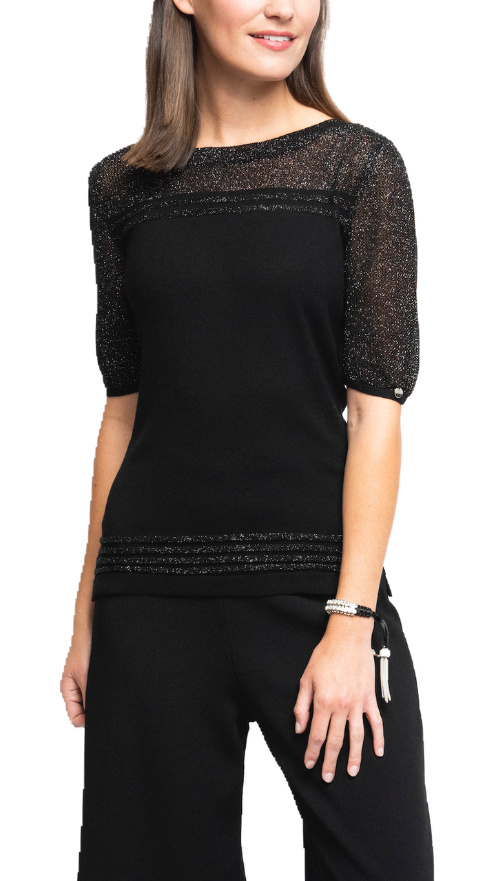 Bella Short Sleeved Top with See-Through Detail on Shoulders and Sleeves - Black Shimmer