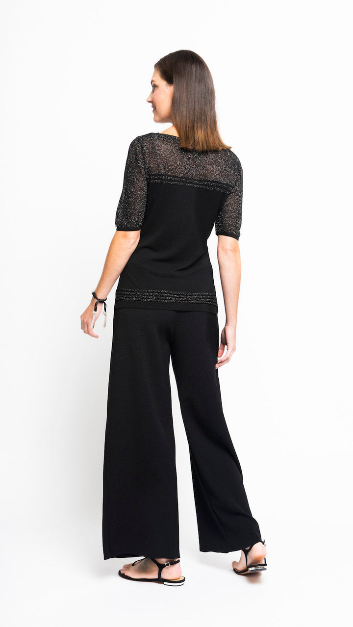 Bella Short Sleeved Top with See-Through Detail on Shoulders and Sleeves - Black Shimmer