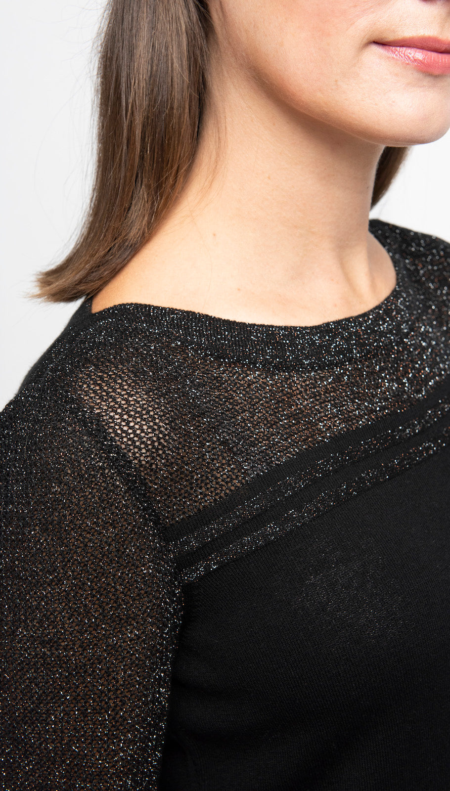 Bella Short Sleeved Top with See-Through Detail on Shoulders and Sleeves - Black Shimmer