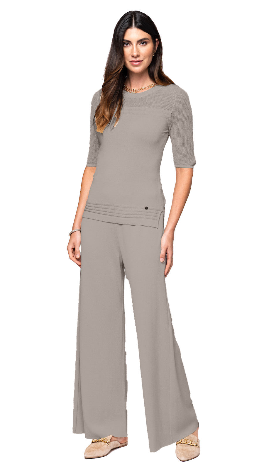 Biana Briana Wide-Leg Milano-Knit Pants in Taupe available at Barbara Katz