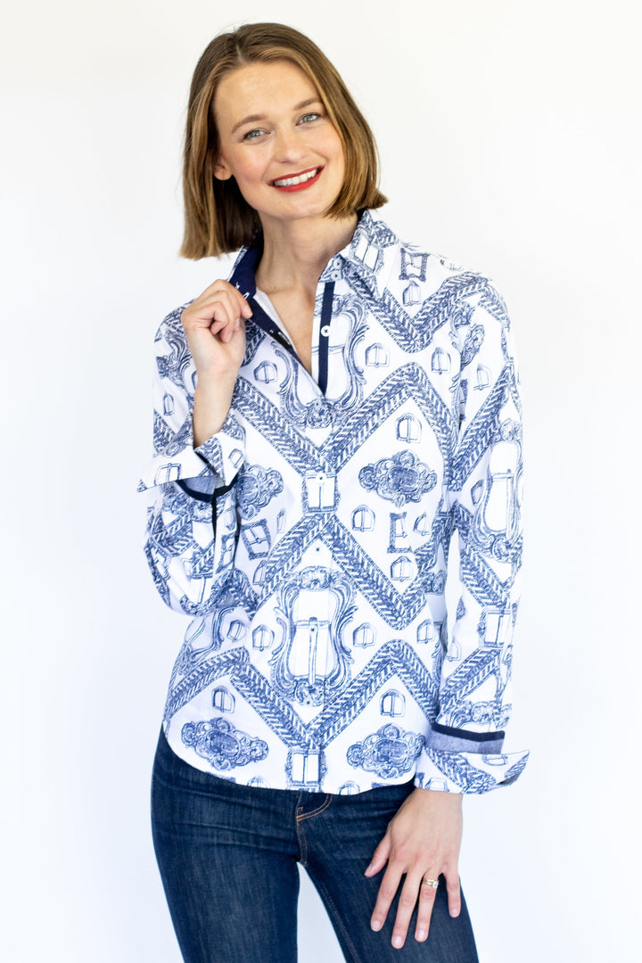 Dizzy-Lizzie Rome Long Sleeve Shirt - Oversized Indigo White Buckle Print