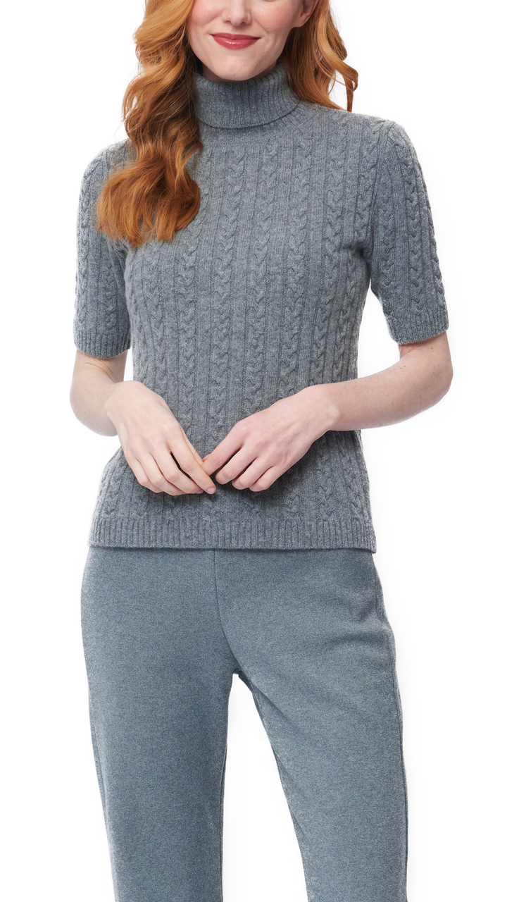 Lea Short Sleeved Cable-Knit Turtleneck - Gray