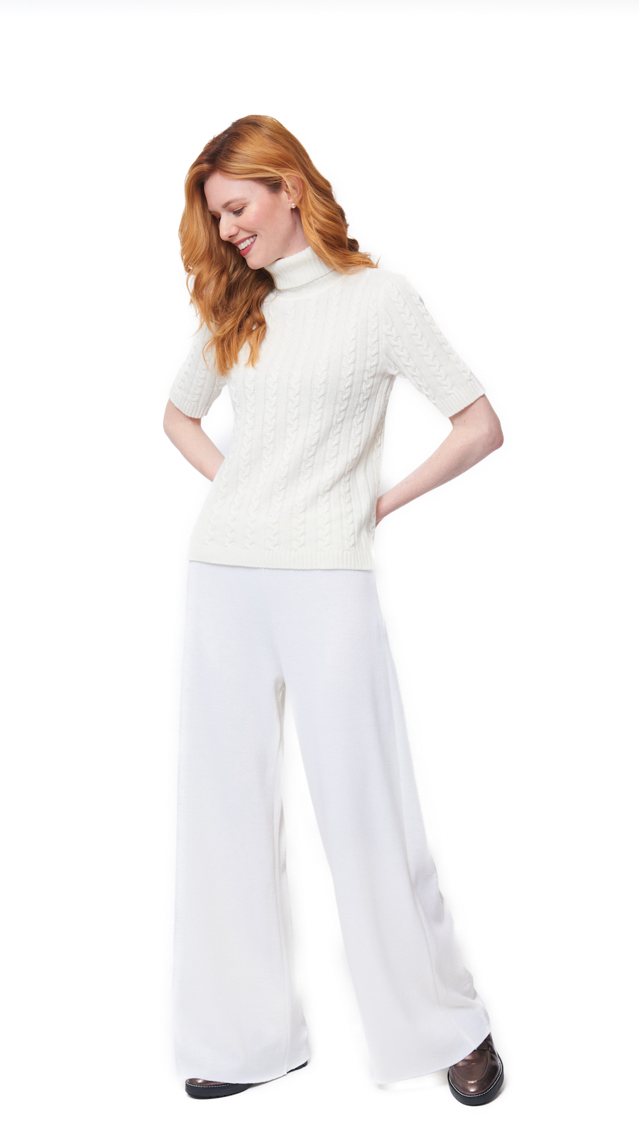 Lea Short Sleeved Cable-Knit Turtleneck - Winter White