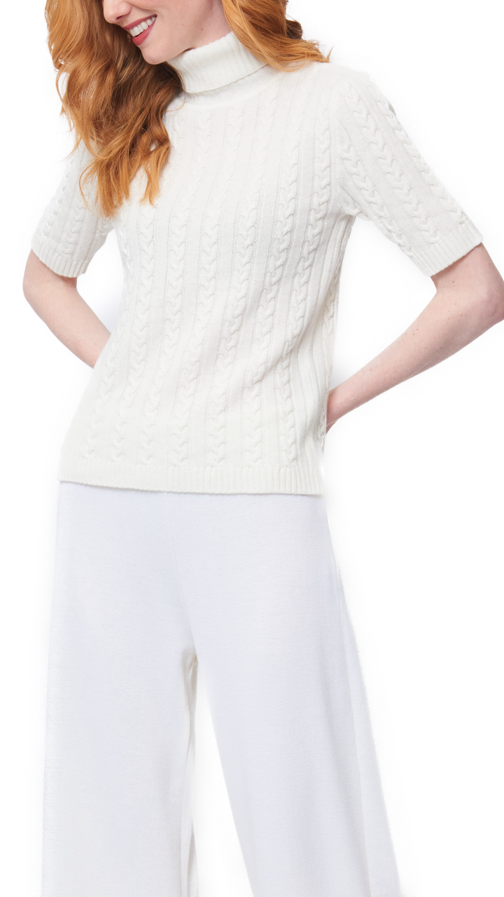 Lea Short Sleeved Cable-Knit Turtleneck - Winter White