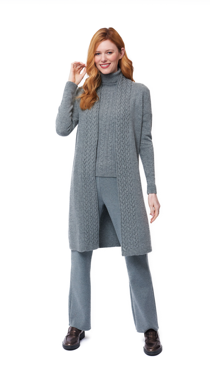 Leana Cable-Knit Belted Coat - Gray