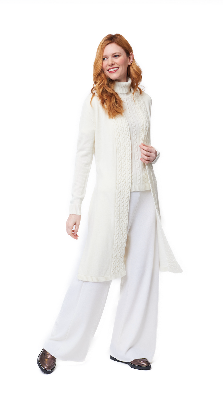 Leana Cable-Knit Belted Coat - Winter White