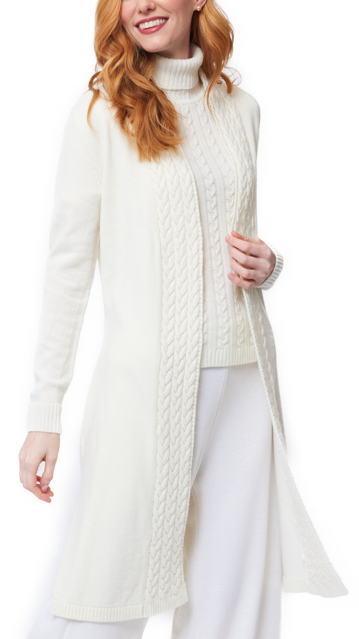 Leana Cable-Knit Belted Coat - Winter White