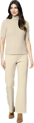 Lea Short Sleeved Cable-Knit Turtleneck - Beige