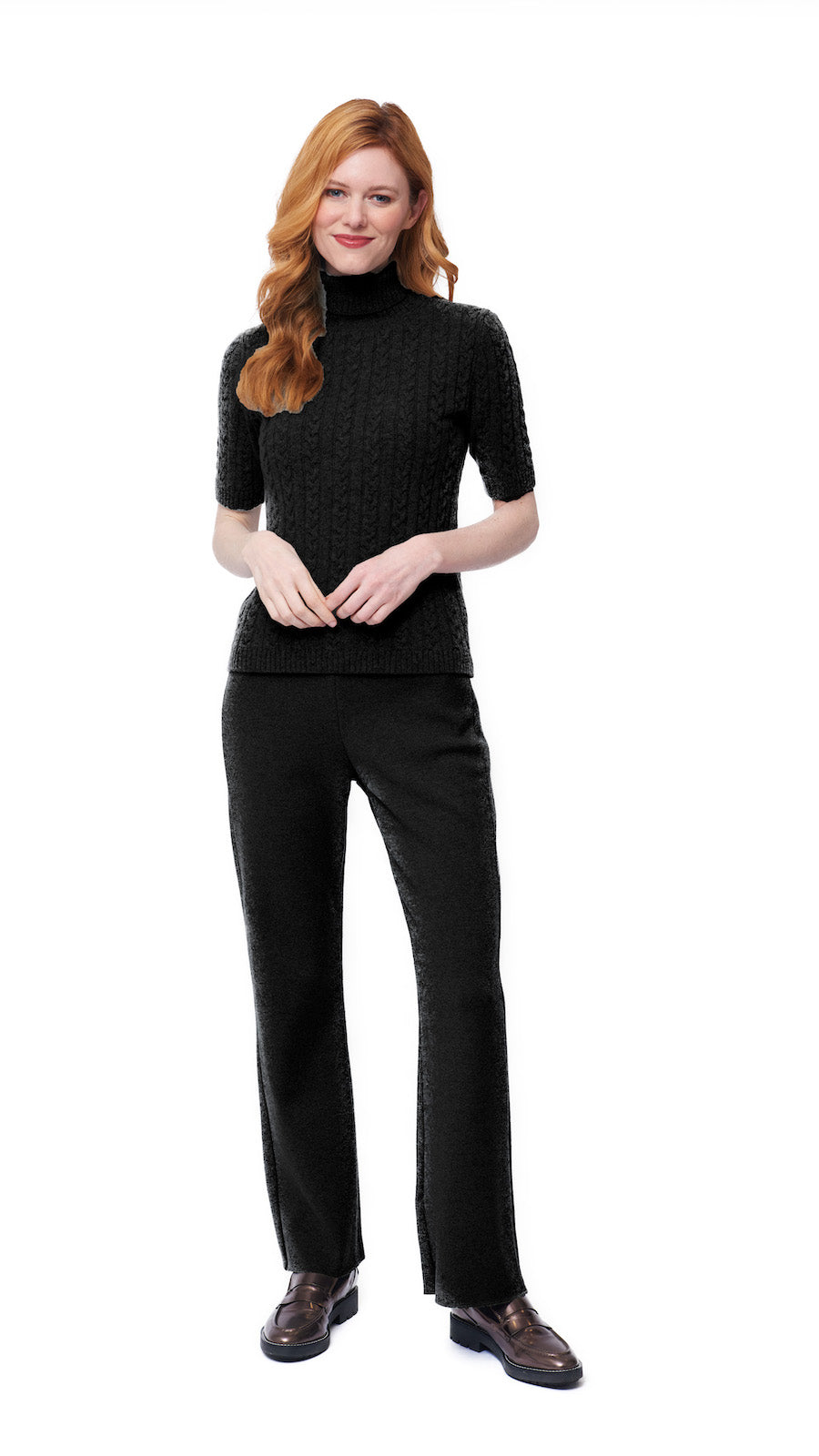 Lea Short Sleeved Cable-Knit Turtleneck - Black