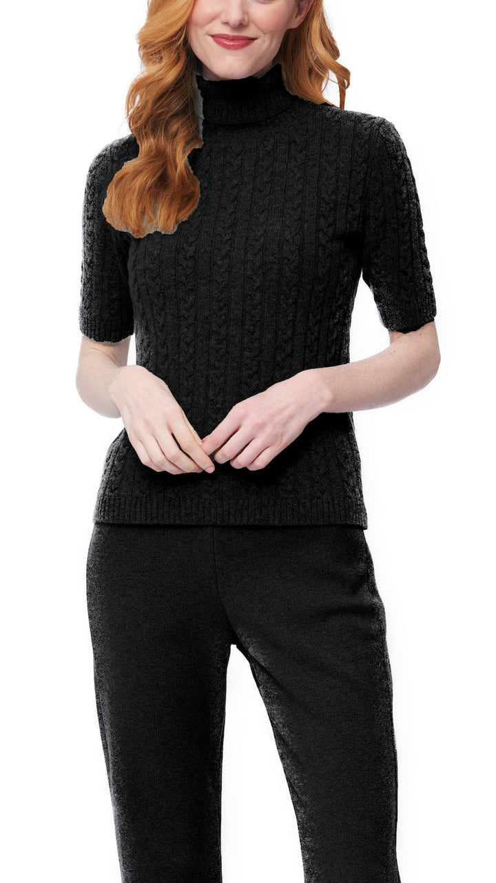 Lea Short Sleeved Cable-Knit Turtleneck - Black