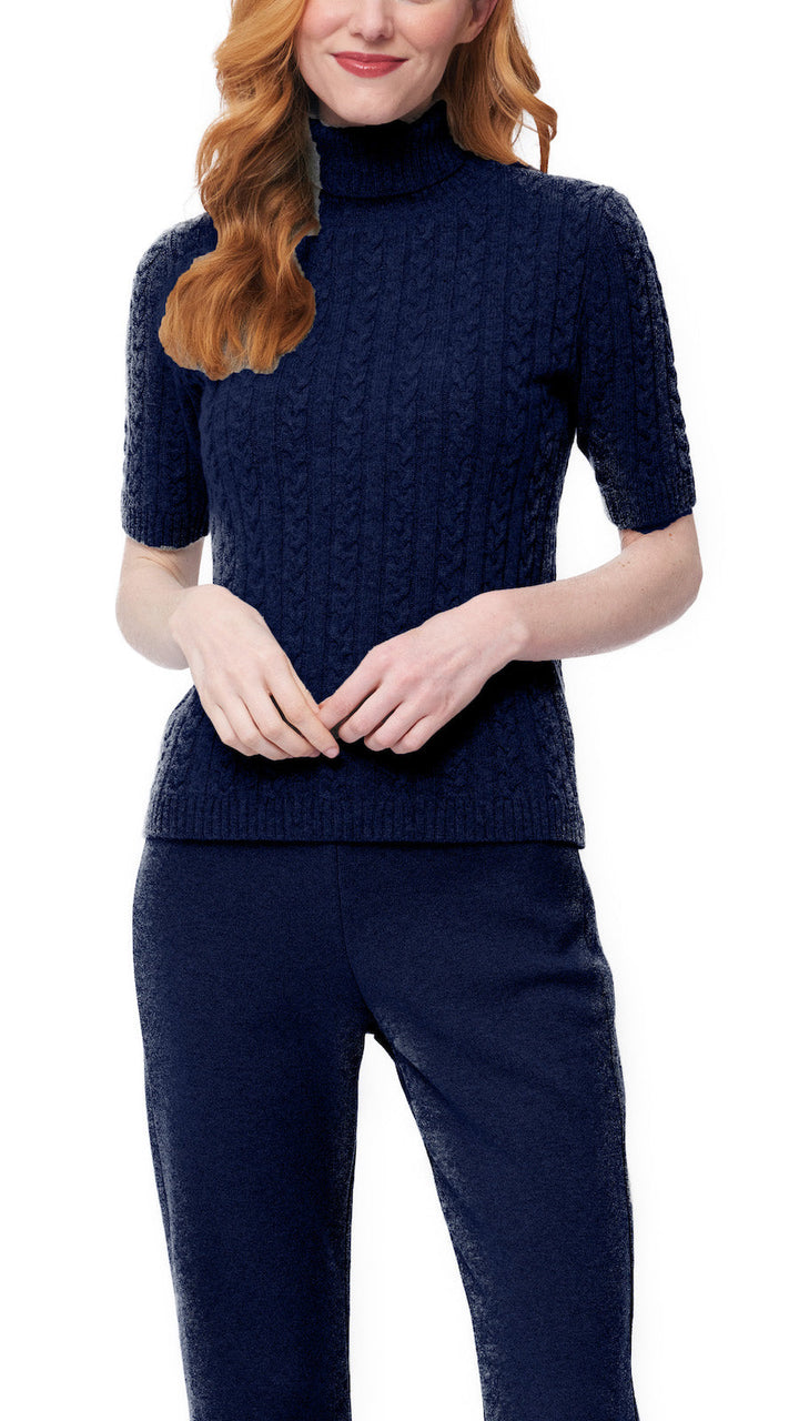 Lea Short Sleeved Cable-Knit Turtleneck -  Thunder Navy