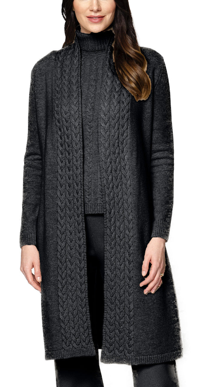 Leana Cable-Knit Belted Coat - Anthracite