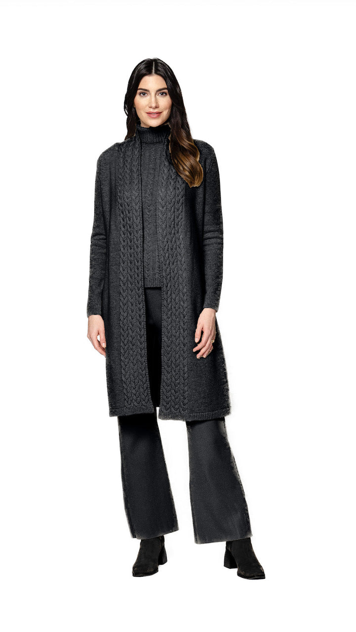 Leana Cable-Knit Belted Coat - Anthracite