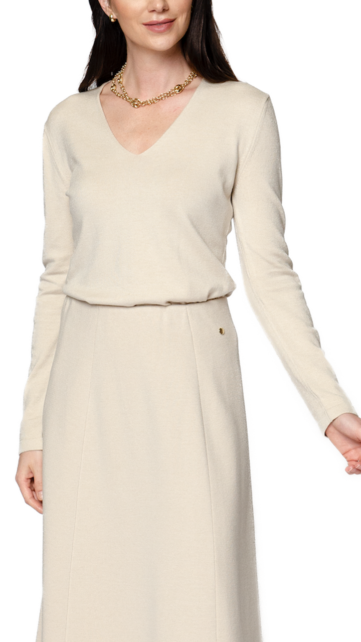 Viv Long Sleeve V-Neck Top - Beige Melange