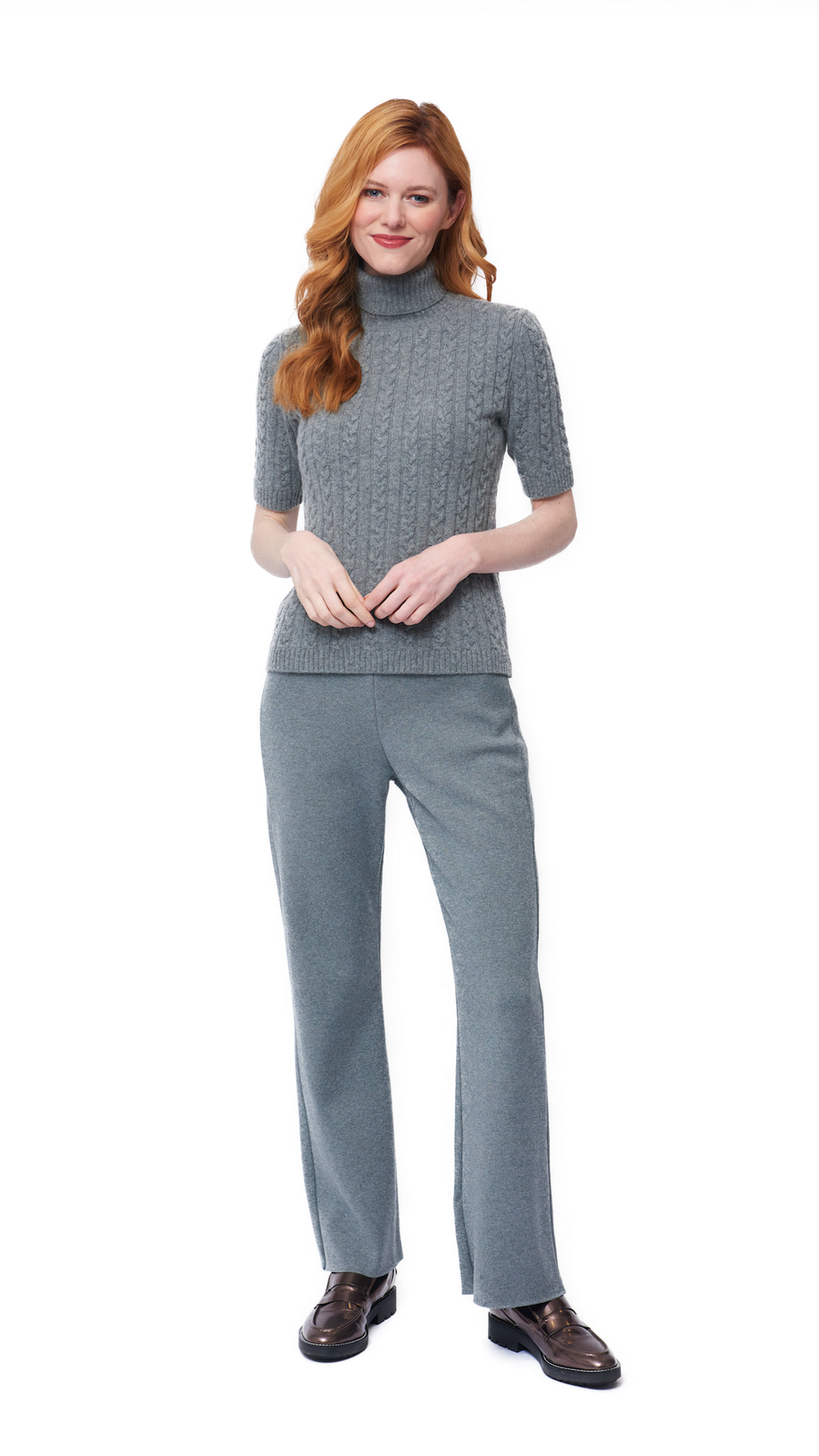 Lea Short Sleeved Cable-Knit Turtleneck - Gray