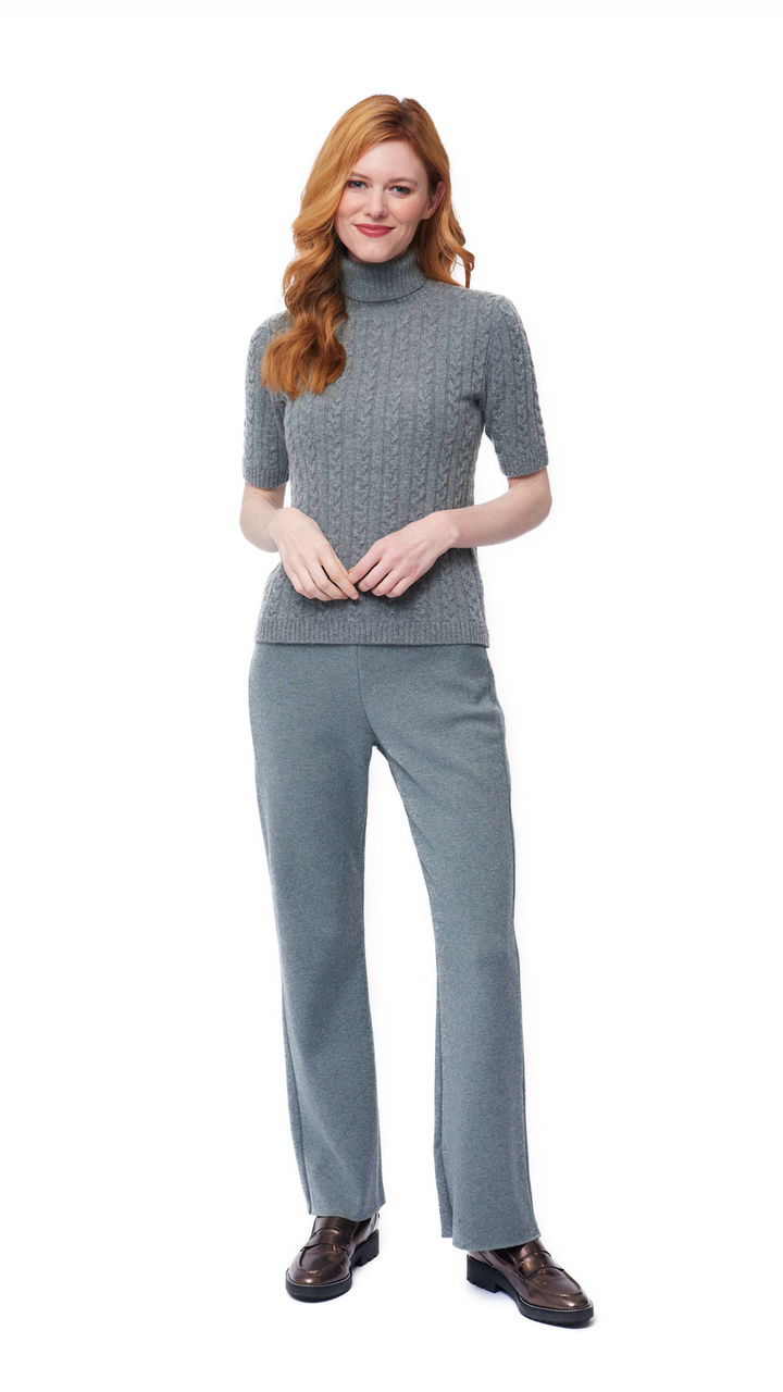 Lea Short Sleeved Cable-Knit Turtleneck - Gray