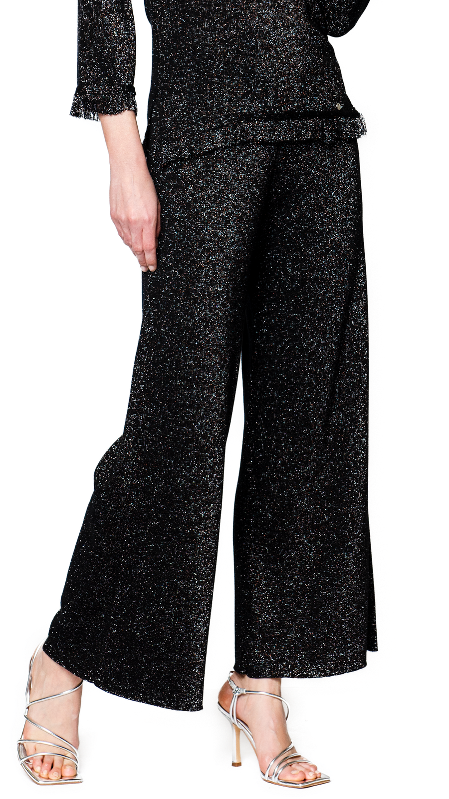 Biana Trina Wide Leg Shimmery Pants in Black Shimmer available at Barbara Katz